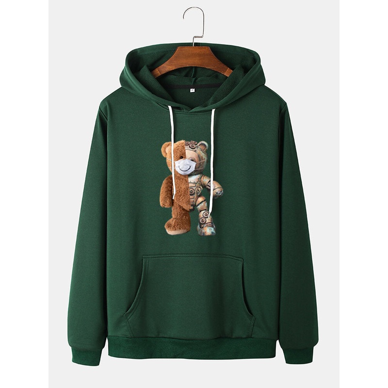 Mens Cartoon Bear Graphic Cotton Drawstring Hoodies With Pouch Pocket