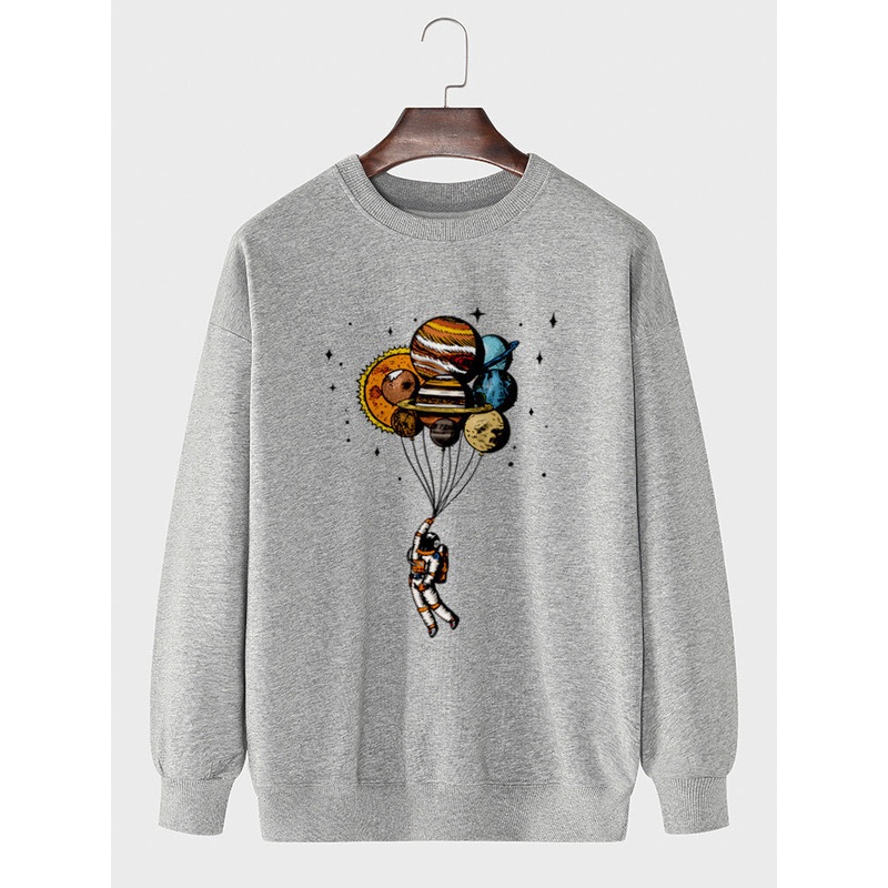 Mens Cartoon Planets Astronaut Print Crew Neck Pullover Cotton Sweatshirt