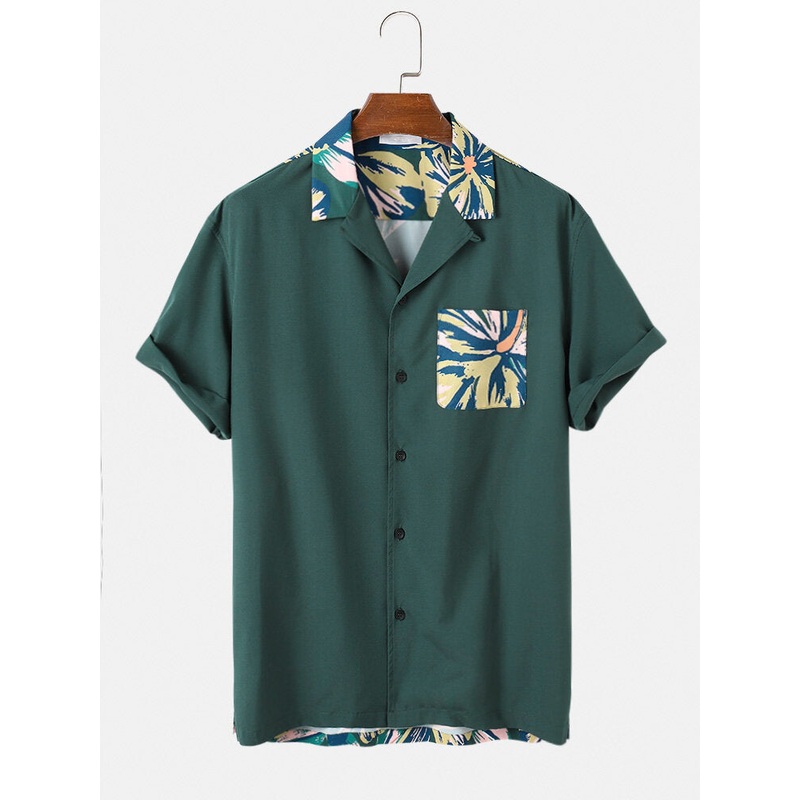 Mens Casual Cartoon Print Pocket Short Sleeve Shirts