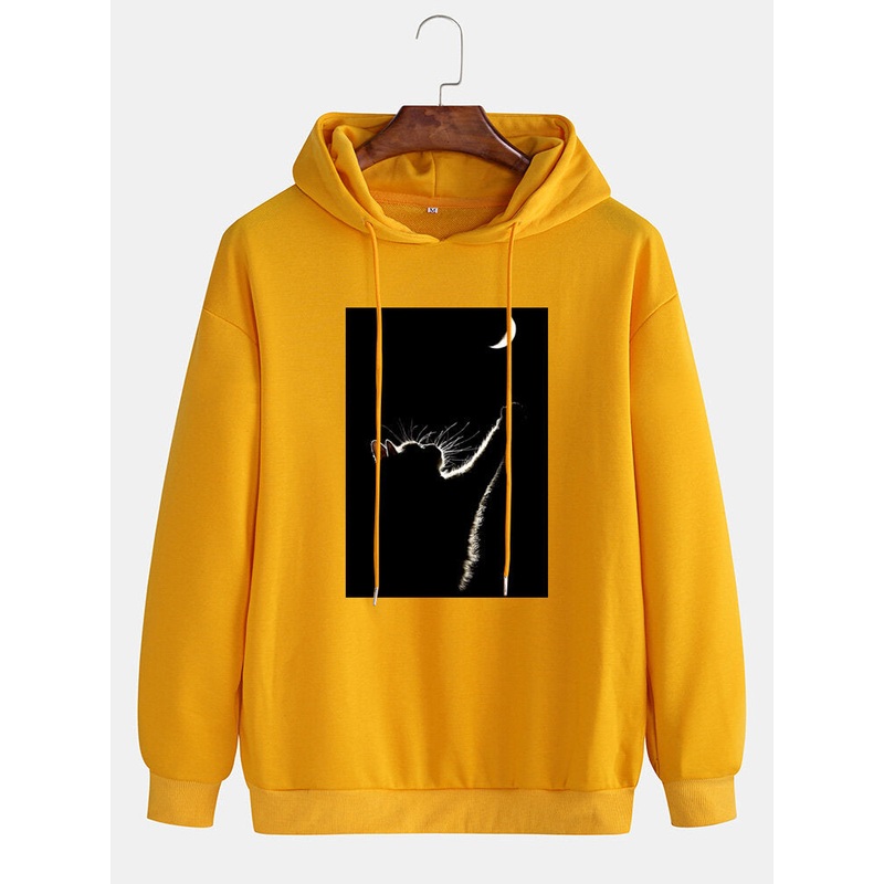 Mens Cat & Moon Graphic Print Drop Shoulder Cotton Drawstring Hoodies