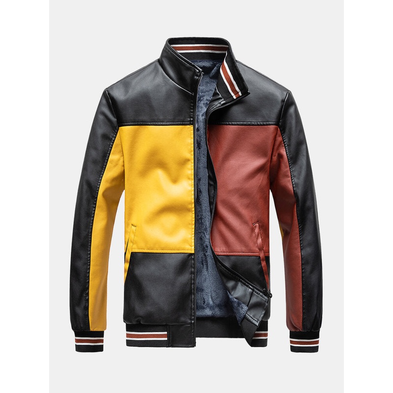 Mens Colorblock Patchwork PU Leather Zip Front Lapel Collar Thicken Jackets