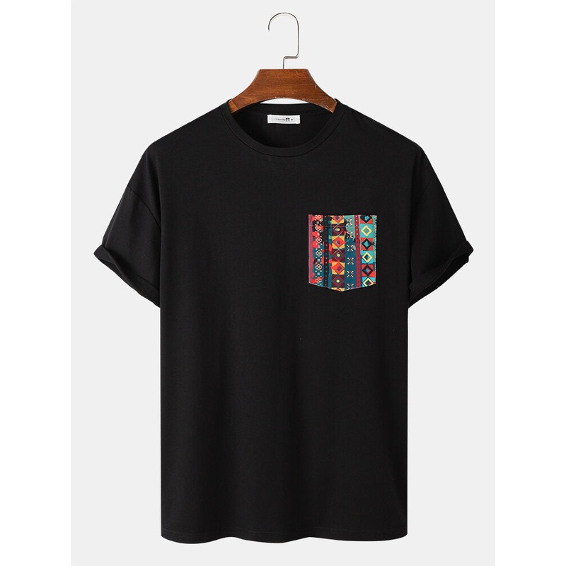 Mens Colorful Geo Print Patched Pocket Loose T-Shirts