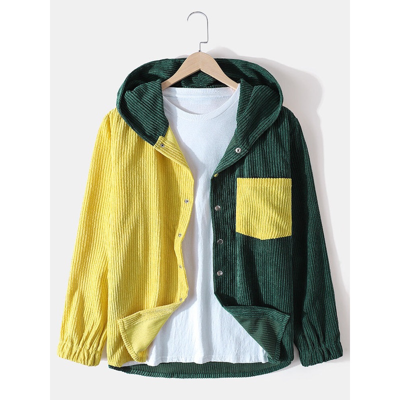 Mens Contrast Patchwork Corduroy Snap Button Casual Hooded Jacket With Pocket