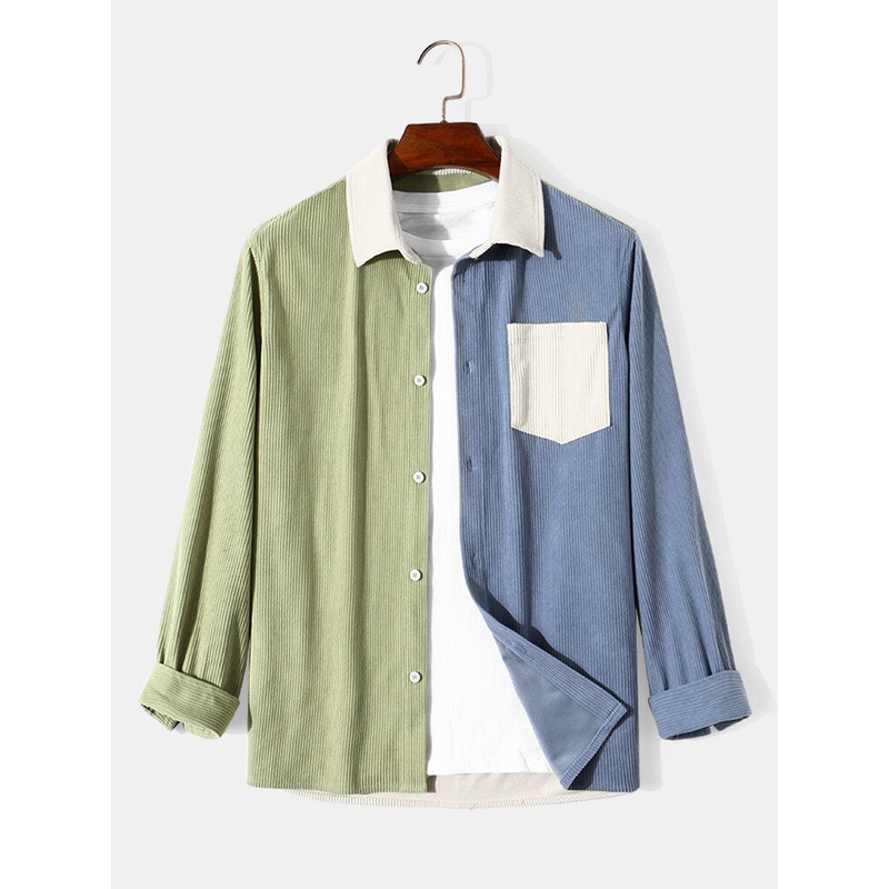 Mens Corduroy Contrast Patchwork Button Up Long Sleeve Shirts