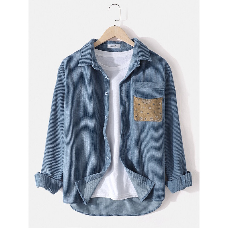 Mens Corduroy Designer Chest Pocket Casual Long Sleeve Shirts