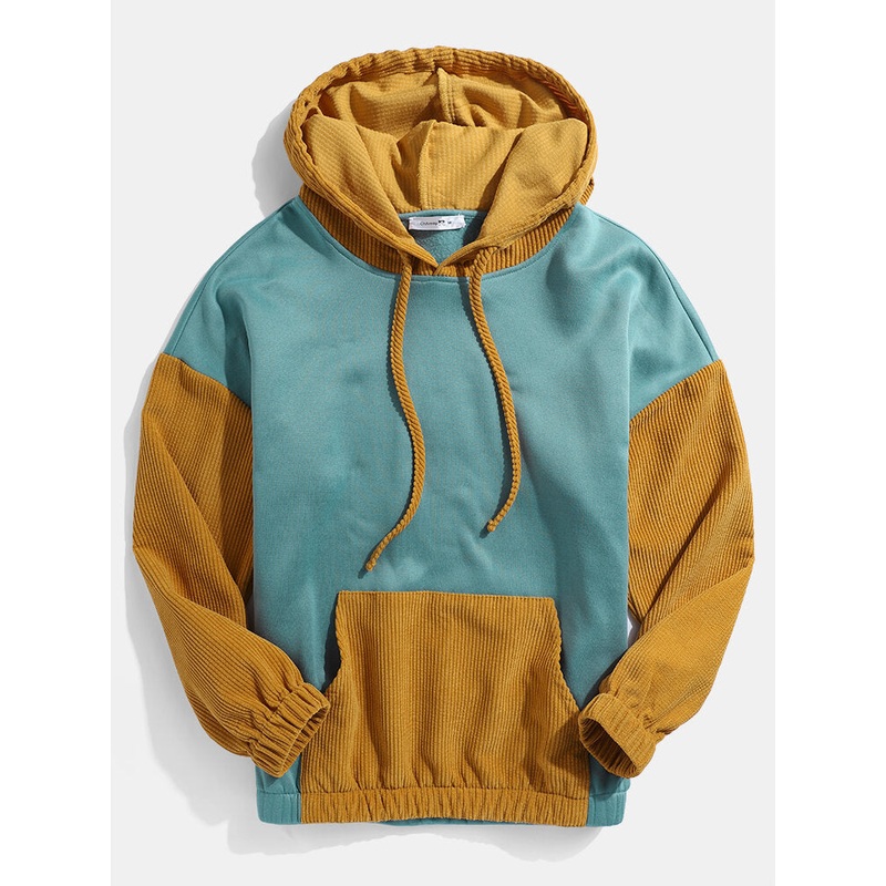 Mens Corduroy Patchwork Drop Shoulder Bodycon Hem Drawstring Hoodies