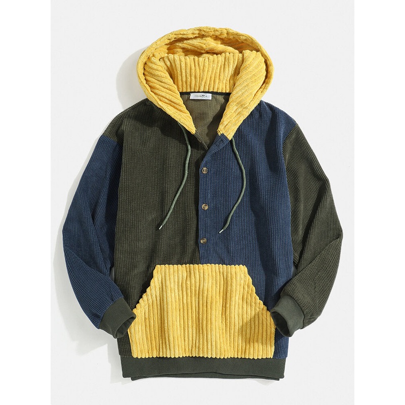 Mens Corduroy Patchwork Half Button Kangaroo Pocket Drawstring Hoodies