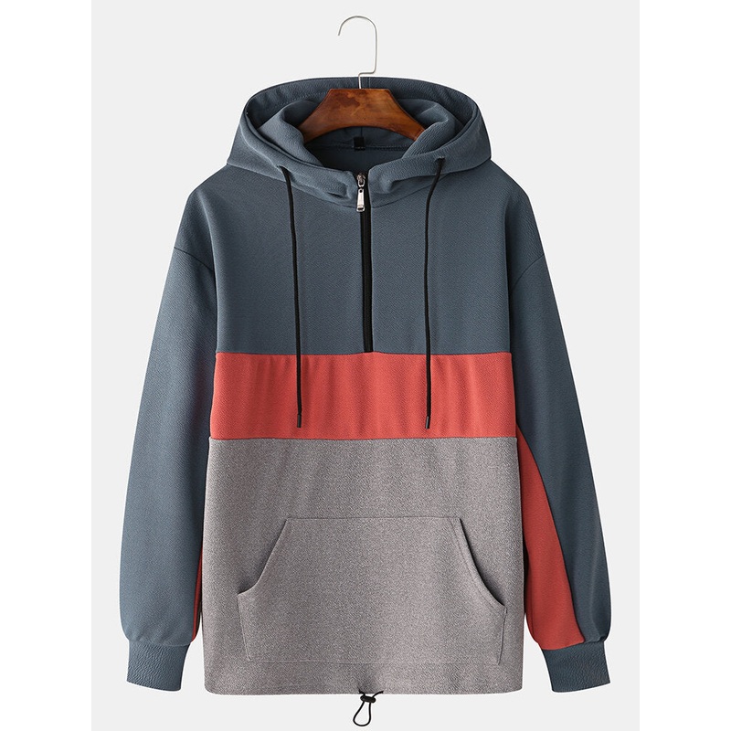 Mens Cotton Color Block Patchwork Front Zipper Casual Loose Kangaroo Pocket Drawstring Hoodies
