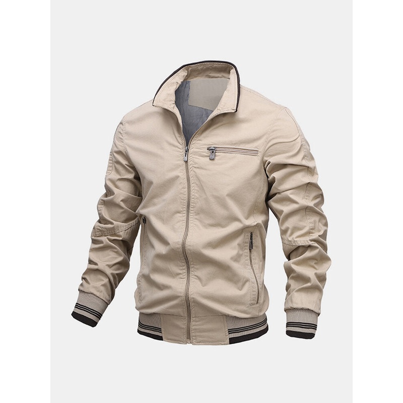 Mens Cotton Stand Collar Multi Pocket Zipper Long Sleeve Simple Jacket