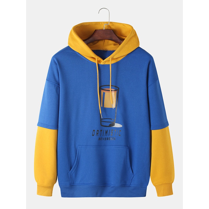 Mens Cup Print Patchwork Drop Shoulder Kangaroo Pocket Casual Hoodies