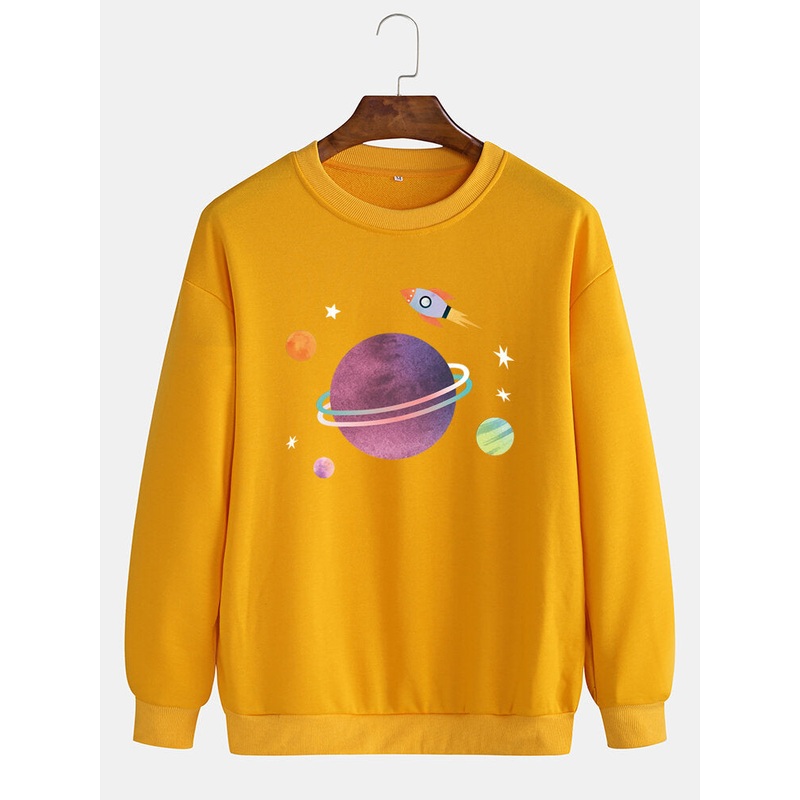 Mens Cute Cartoon Planet Print Drop Shoulder Long Sleeve Cotton Pullover Sweatshirts