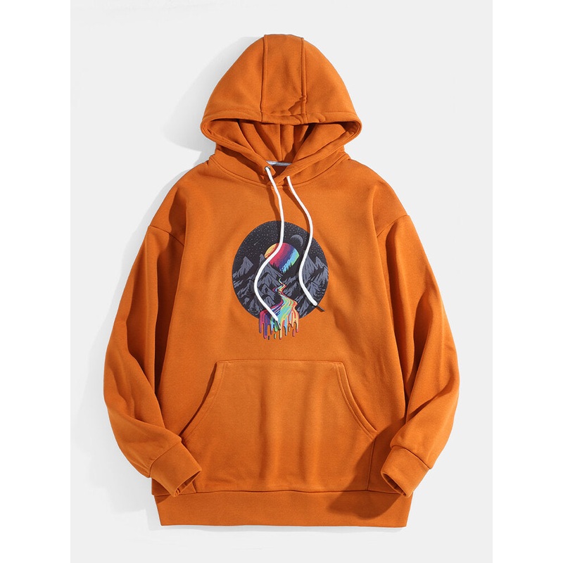 Mens Design Rainbow Landscape Print Kangaroo Pocket Drop Shoulder Hoodies