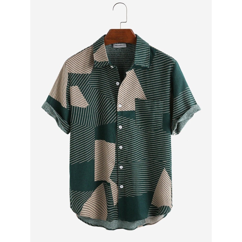 Mens Fashion Color Block Stripe Short Sleeve Casual Shirts