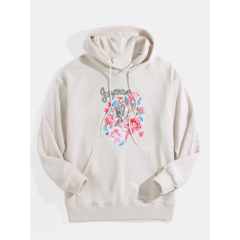 Mens Floral & Tiger Print Simple Kangaroo Pocket Long Sleeve Hoodies