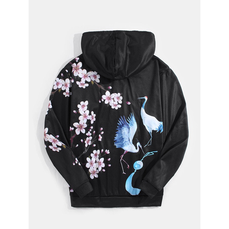 Mens Flroal Crane Back Pattern Letter Print Black Chinese Style Hoodies With Pocket