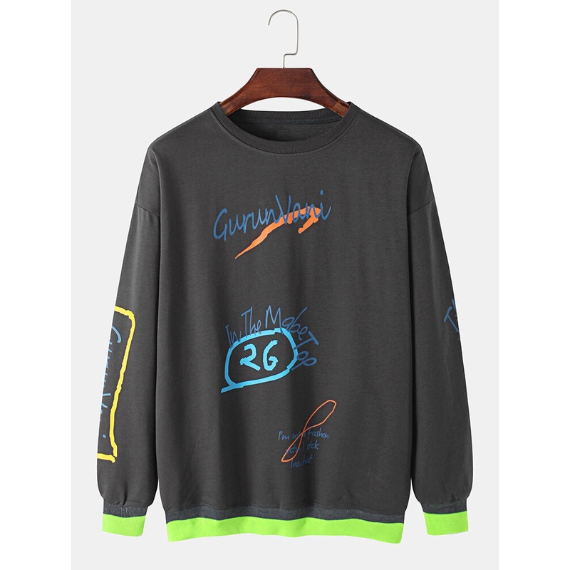 Mens Graffiti Letter Drop Shoulder Round Neck Print Pullover Sweatshirts