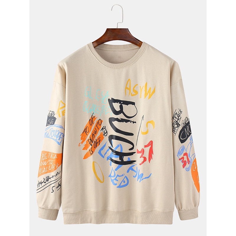 Mens Graffiti Print Long Sleeve Pullover Cotton Casual Sweatshirts