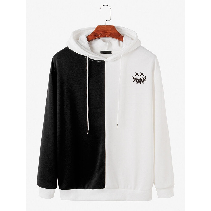 Mens Grimace Chest Print Two Tone Patchwork Cotton Casual Drawstring Hoodies