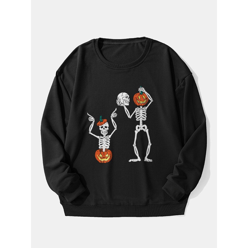 Mens Halloween Pumpkin & Skull Round Neck Pullover Sweatshirt