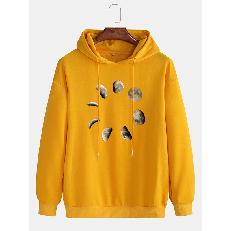 Mens Moon Graphic Chest Print Casual Drawstring Loose Hoodie