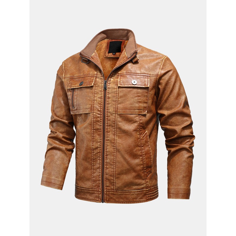 Mens Multi Pocket Zipper Front Warm Long Sleeve PU Leather Jacket