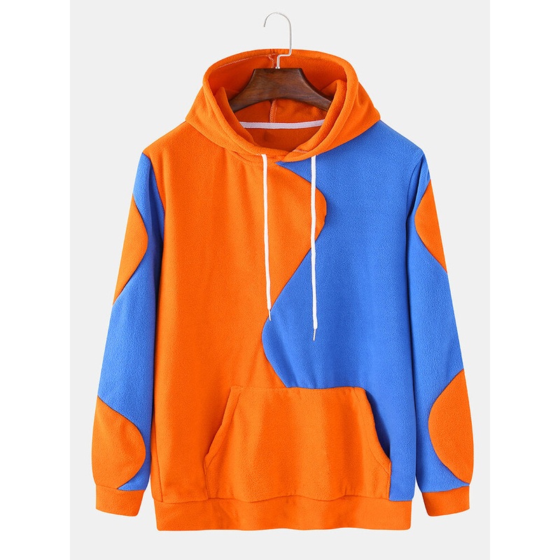 Mens Patchwork Solid Color Pocket Long Sleeve Drawstring Design Hoodies