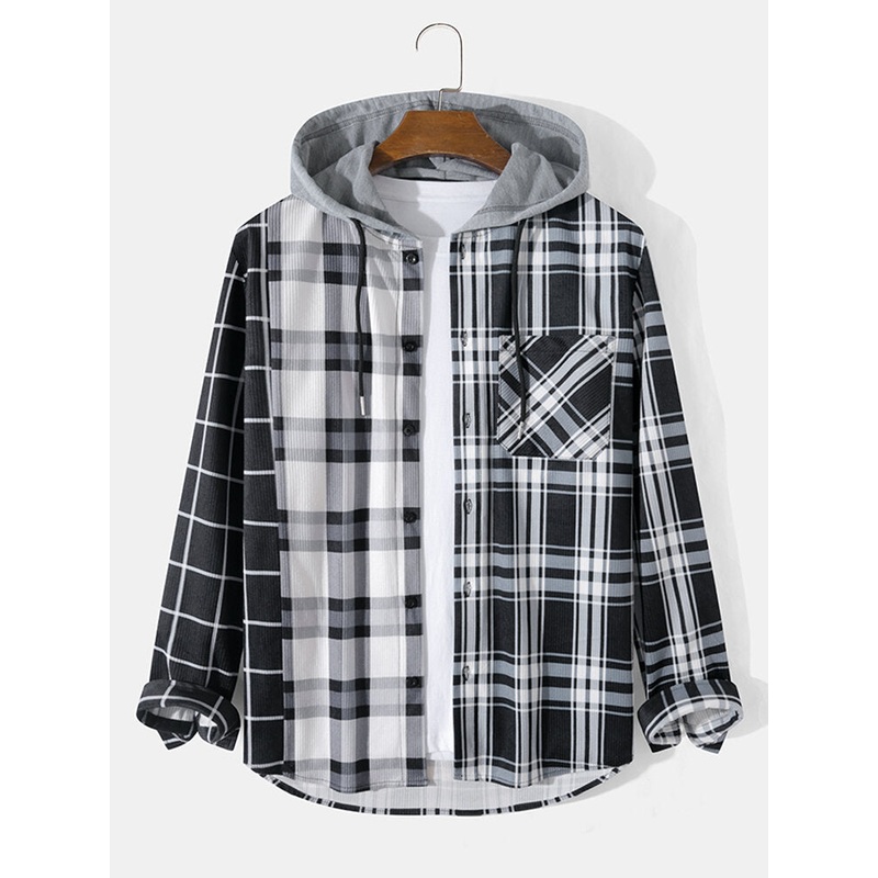 Mens Plaid Button Up Corduroy Preppy Long Sleeve Hooded Shirts
