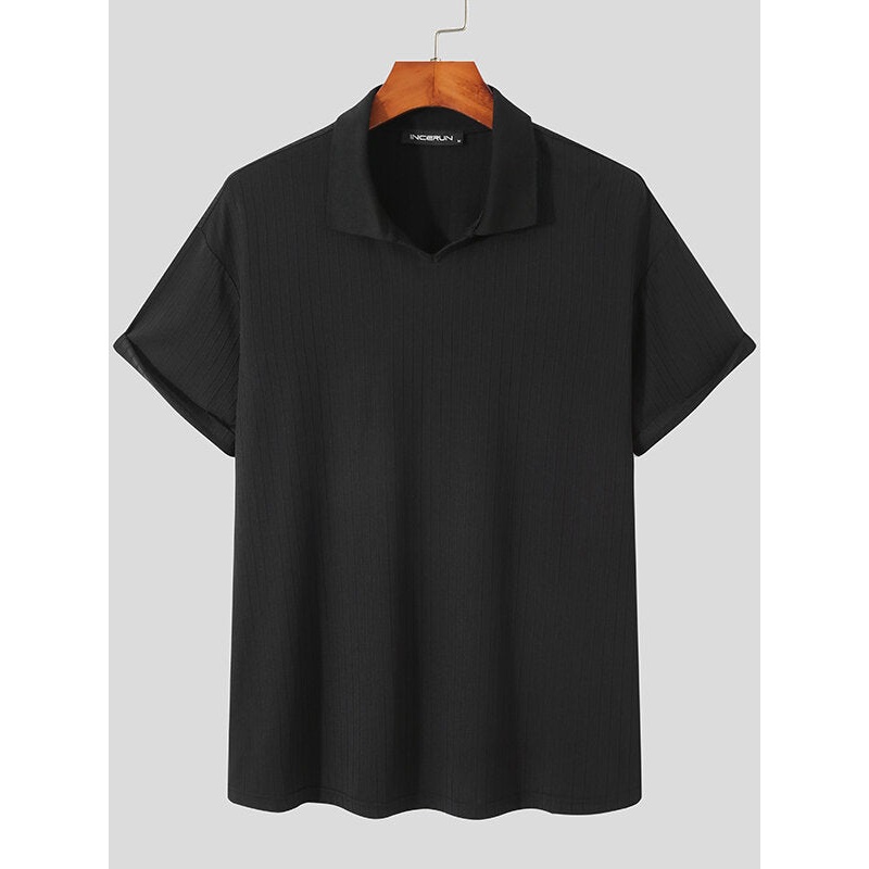 Mens Plain Striped Knit Ribbed Short Sleeve Casual T-Shirt