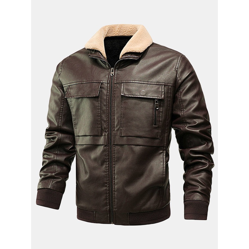 Mens PU Leather Thicken Zip Front Lapel Collar Jackets With Flap Pockets