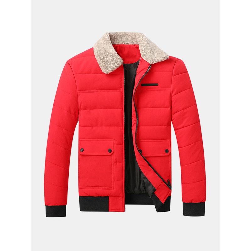 Mens Quilted Sherpa Lapel Collar Zip Front Thick Jacket With Flap Pocket