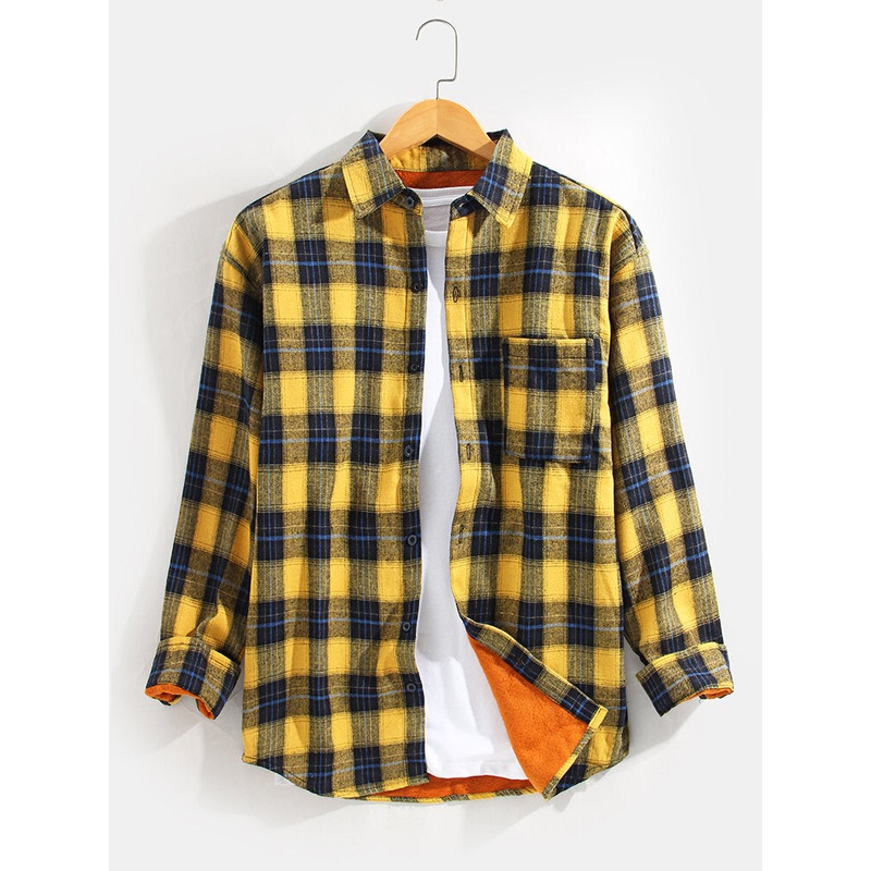 Mens Simple Plaid Thicken Button Up Pocket Long Sleeve Shirts