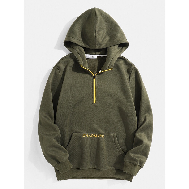 Mens Simple Solid Color Half Zipper Front Long Sleeve Hoodies With Pocket