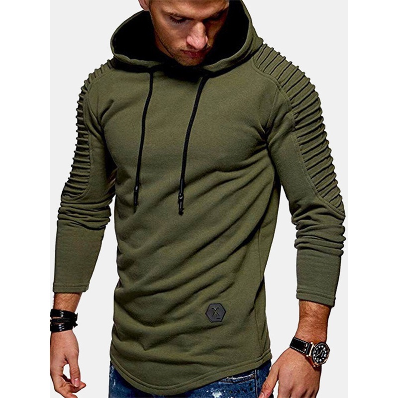 Mens Simple Solid Color Sleeve Texture Long Sleeve Drawstring Hoodies
