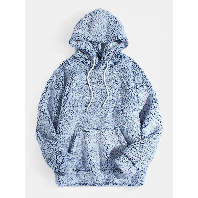 Mens Solid Color Plush Kangaroo Pocket Long Sleeve Warm Teddy Hoodies