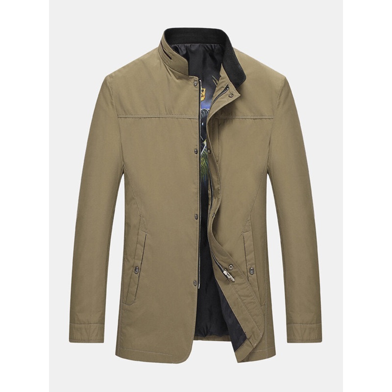 Mens Solid Color Stand Collar Pocket Classic Jacket