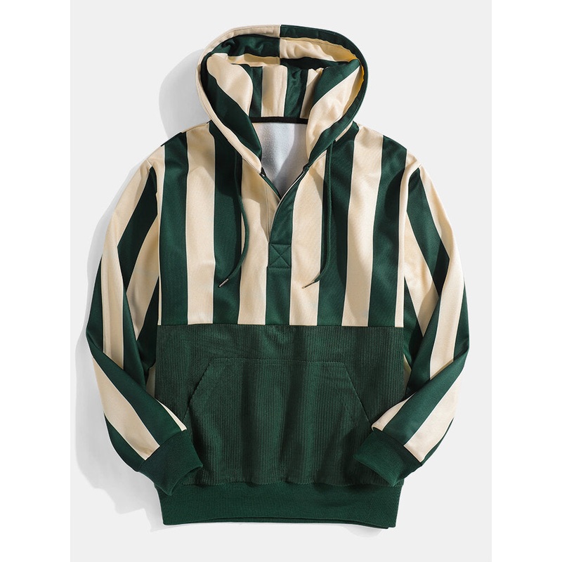 Mens Stripe Corduroy Patchwork Casual Pouch Pocket Button Henley Hoodies