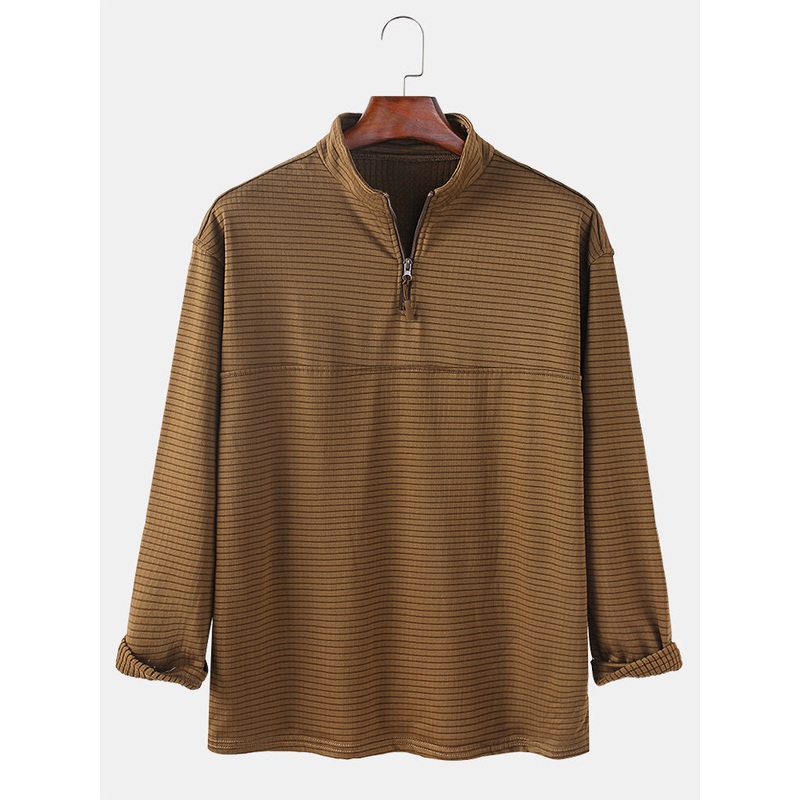 Mens Stripe Long Sleeve Half Zipper Casual Henley Shirts