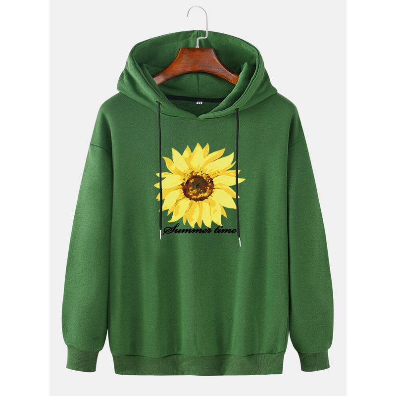 Mens Sunflower Letter Print Drop Shoulder Long Sleeve Hoodies