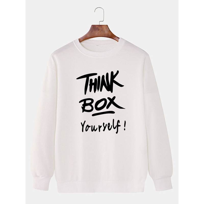 Mens THINK BOX Letter Print Round Neck Pullover Cotton Drop Shoulder Casual Sweatshirts