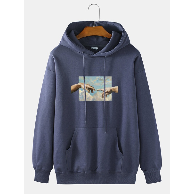 Mens Touch Hand Graphic Print 100% Cotton Solid Casual Pullover Hoodie