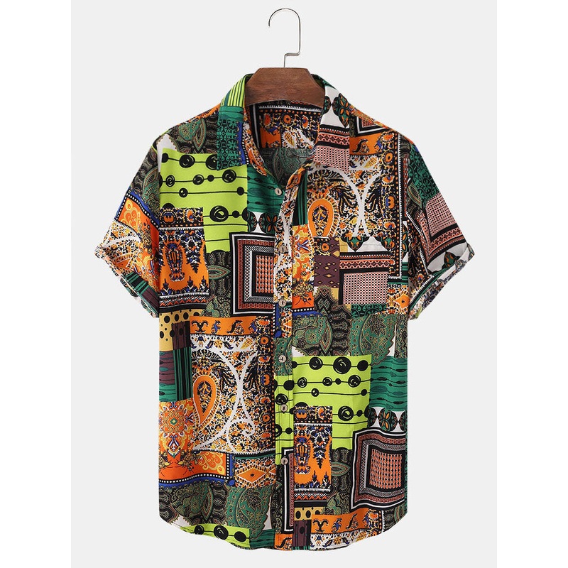 Mens Tribal Print Ethnic Style Lapel Short Sleeve Shirts