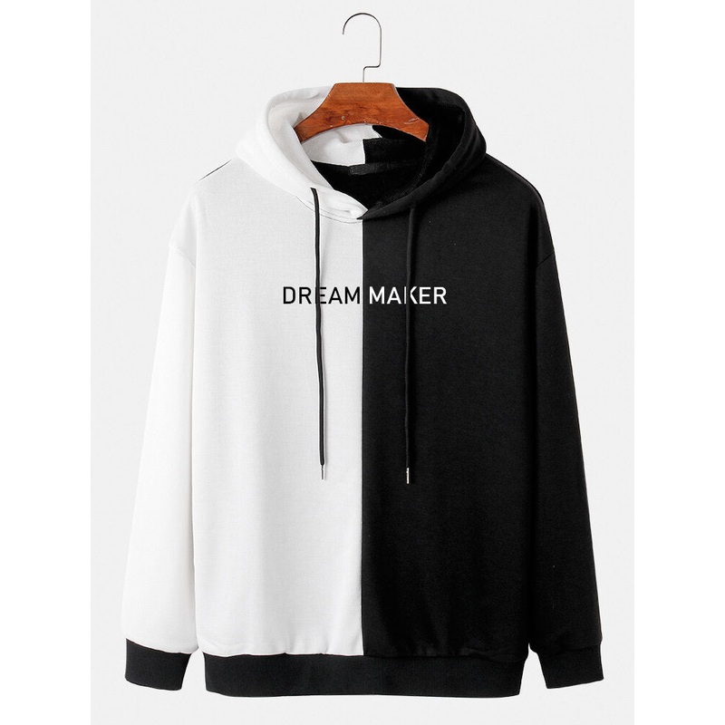 Mens Two Tone Patchwork Slogan Printed Cotton Casual Drawstring Hoodies