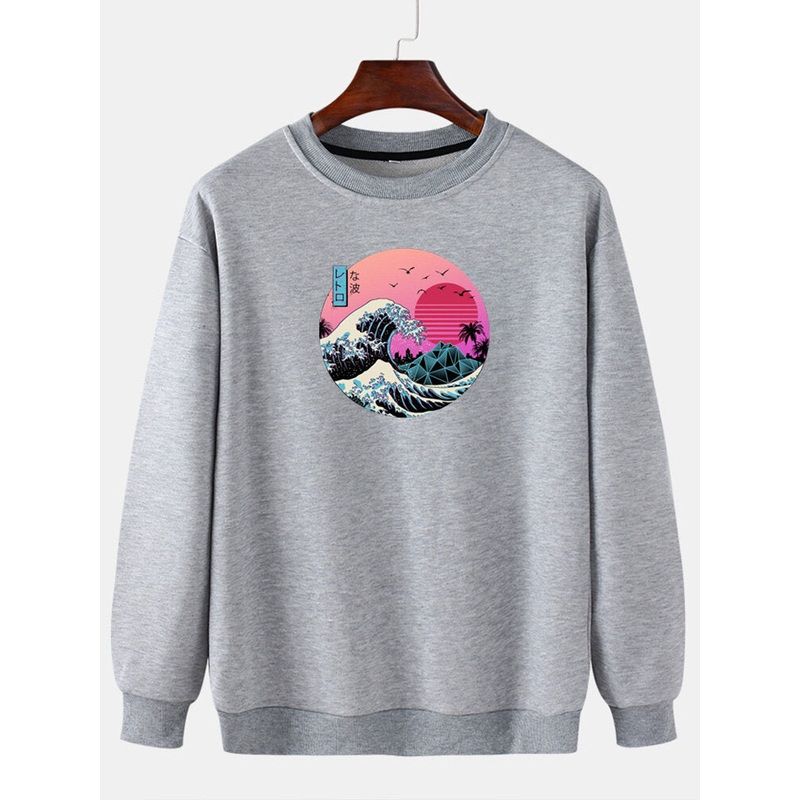 Mens Ukiyoe Graphic Printed Crew Neck Casual Drop Shoulder Sweatshirts