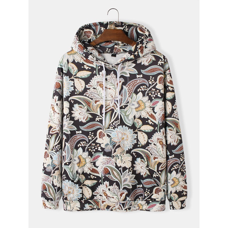 Mens Vintage Floral Print Long Sleeve Hoodies With Kangaroo Pocket