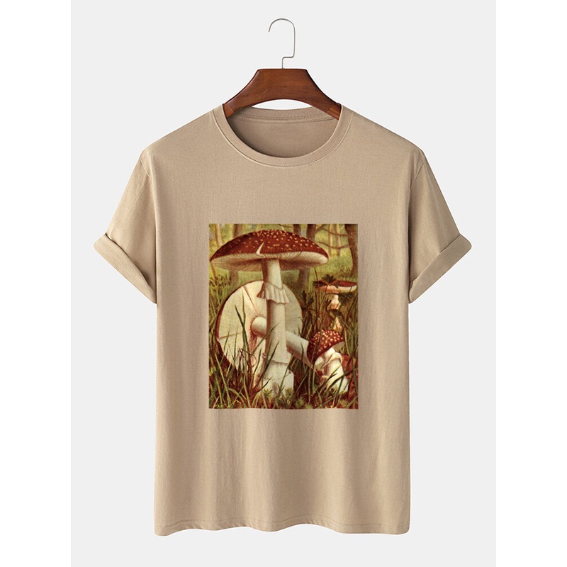 Mens Vintage Mushroom Graphic Print 100% Cotton Short Sleeve T-Shirt