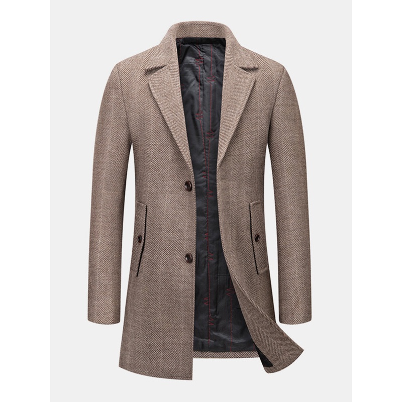 Mens Warm Thicken Solid Color Pocket Business Single-Breasted Trench Coats