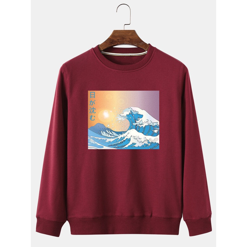Mens Wave Landscape Print Ukiyoe Pullover Fleece Linning Ethnic Style Sweatshirts