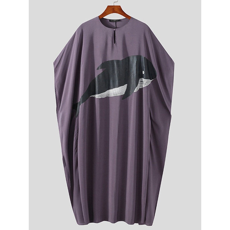 Mens Whale Print Button Neck Pullover Casual Poncho Kaftan