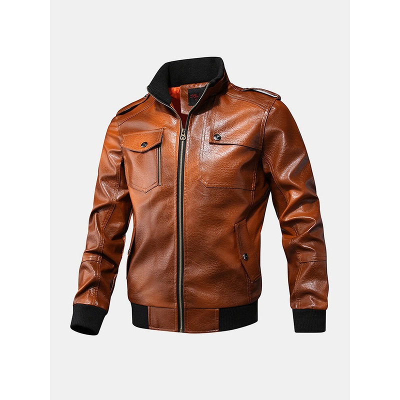 Mens Zip-Up Multi Pocket Stand Collar Long Sleeve Casual PU Jacket