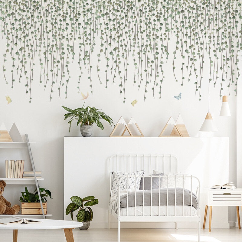 Green Branches And Butterfly Pattern Self-adhesive Bedroom Living Room Sticker Wall Art Home Decor